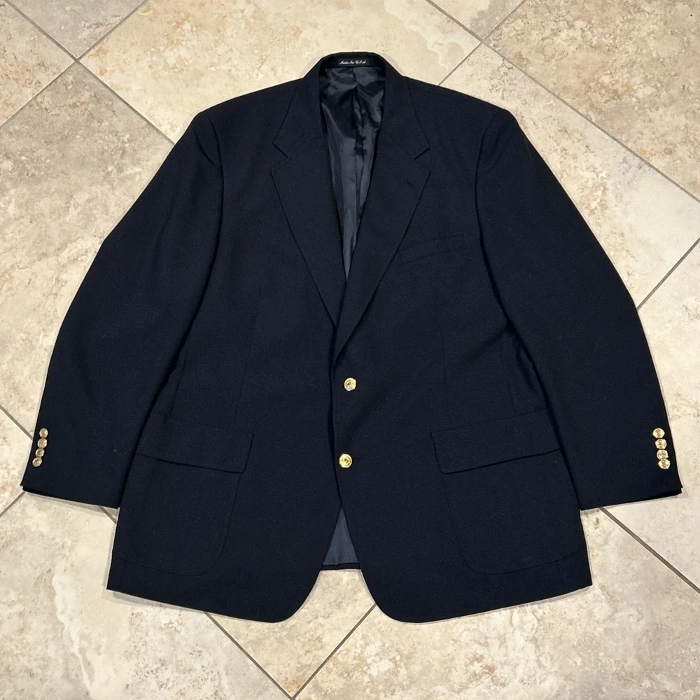 Pierre Cardin Gold Crest Blazer Mens 48R Navy Blue Two Button Classic Jacket USA